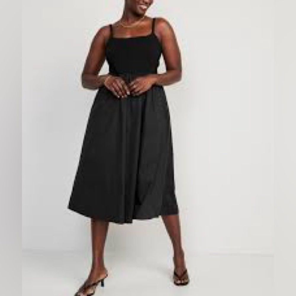 NWT Black Fit & Flare Mixed Fabric Midi Cami Dress Smocked Sz XXL
